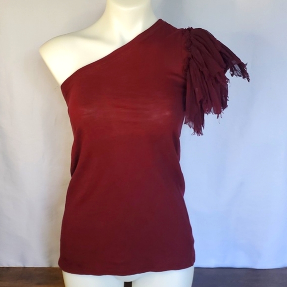 One shoulder assymetrical burgundy merlot red ruffle puff sleeve shirt - Picture 2 of 8
